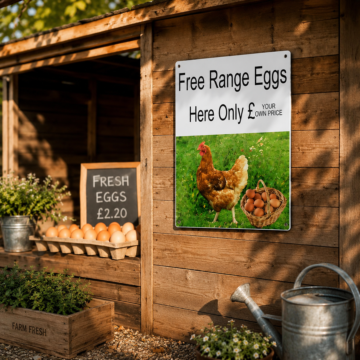 A rectangular metal sign mounted on a wooden wall at a farm shop. The sign has a white top section with black text reading 'Free Range Eggs' and 'Here Only £ YOUR OWN PRICE', and a lower photo panel showing a brown hen standing in green grass next to a basket of eggs.