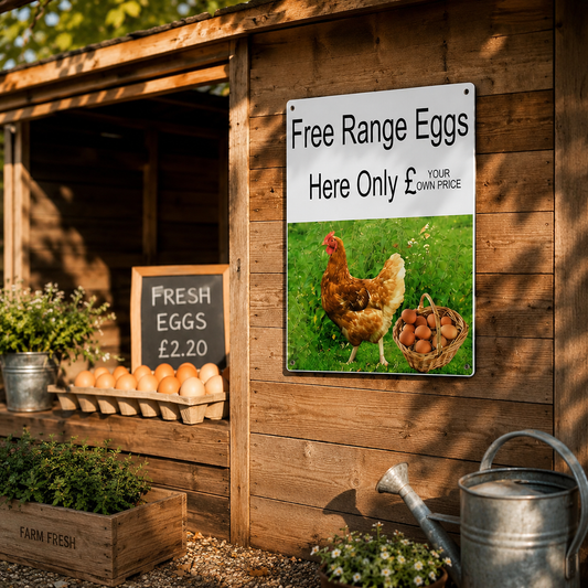 A rectangular metal sign mounted on a wooden wall at a farm shop. The sign has a white top section with black text reading 'Free Range Eggs' and 'Here Only £ YOUR OWN PRICE', and a lower photo panel showing a brown hen standing in green grass next to a basket of eggs.