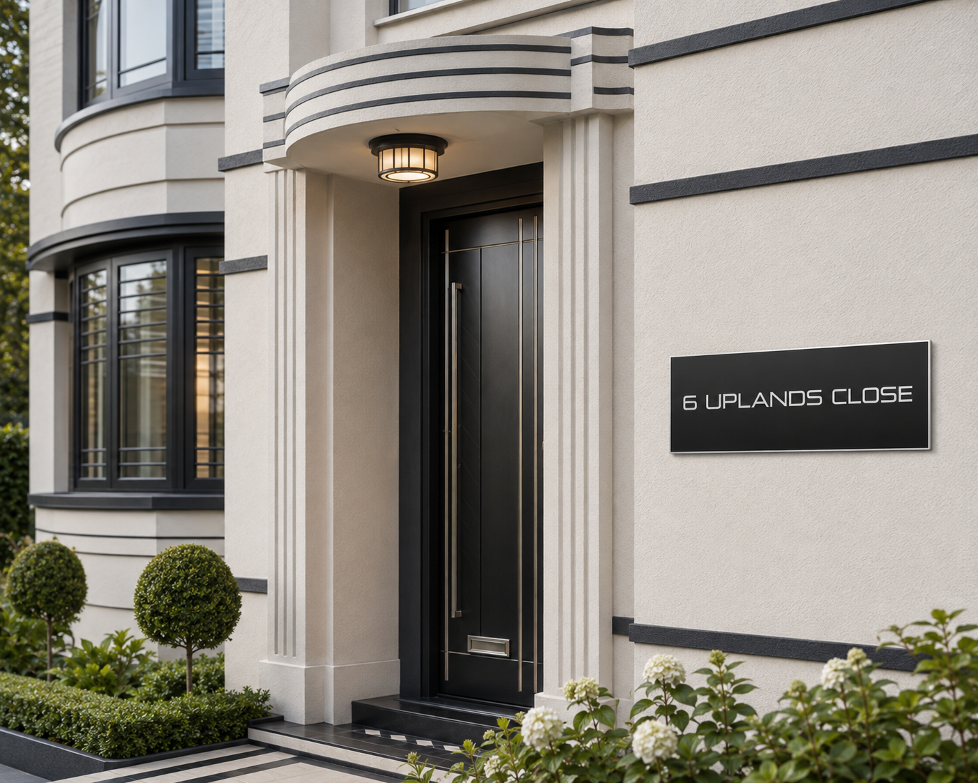 A modern black front door with a long vertical handle, set in a cream-colored house facade with black trim, a black sign reading '6 UPLANDS CLOSE', and landscaped shrubs at the base.