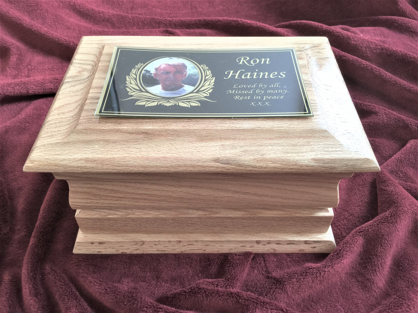 Funeral Urn for Ashes, Adult Casket with Memorial Plaque.