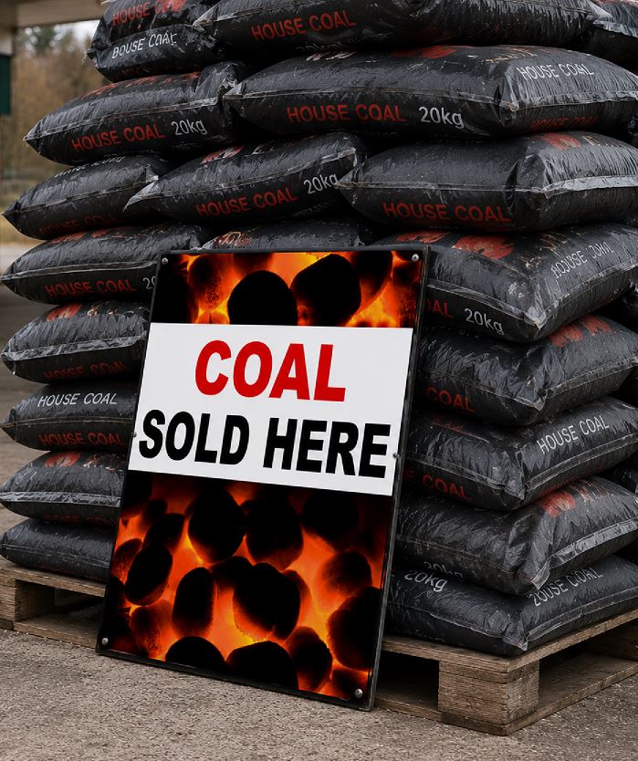A freestanding rectangular sign with a fiery charcoal-burn graphic and the words 'COAL SOLD HERE' in red and black, placed in front of stacked black bags labeled 'HOUSE COAL 20kg' on wooden pallets outdoors.