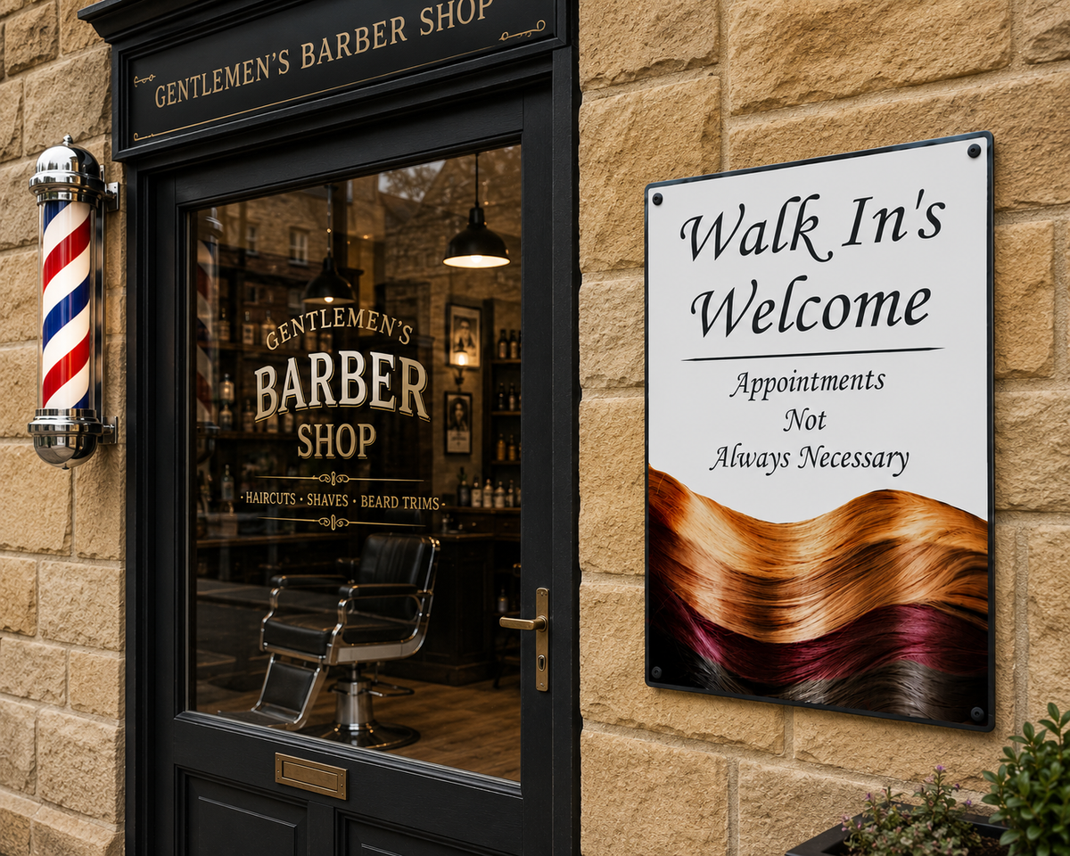 Walk In's Welcome hair salon sign with colourful hair design and appointment message