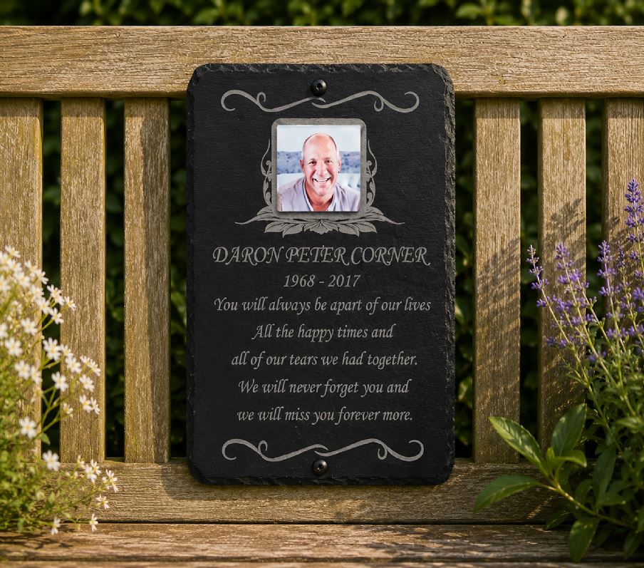 Personalised photo memorial plaque and natural slate grave marker with colour photograph, laser etched name, dates and remembrance message