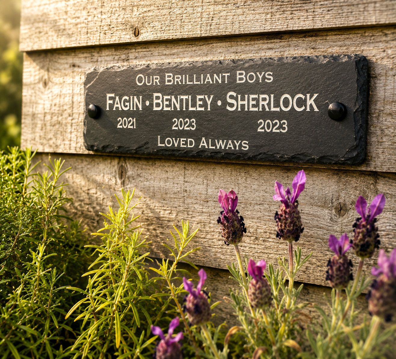 Personalised natural slate gate post sign with precision laser etched house name, handcrafted from genuine slate with traditional riven edges for gate pillars, entrance walls and driveway entrances.