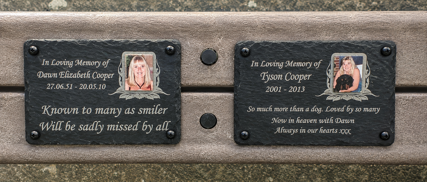 Personalised photo memorial plaque and natural slate grave marker with colour photograph, laser etched name, dates and remembrance message