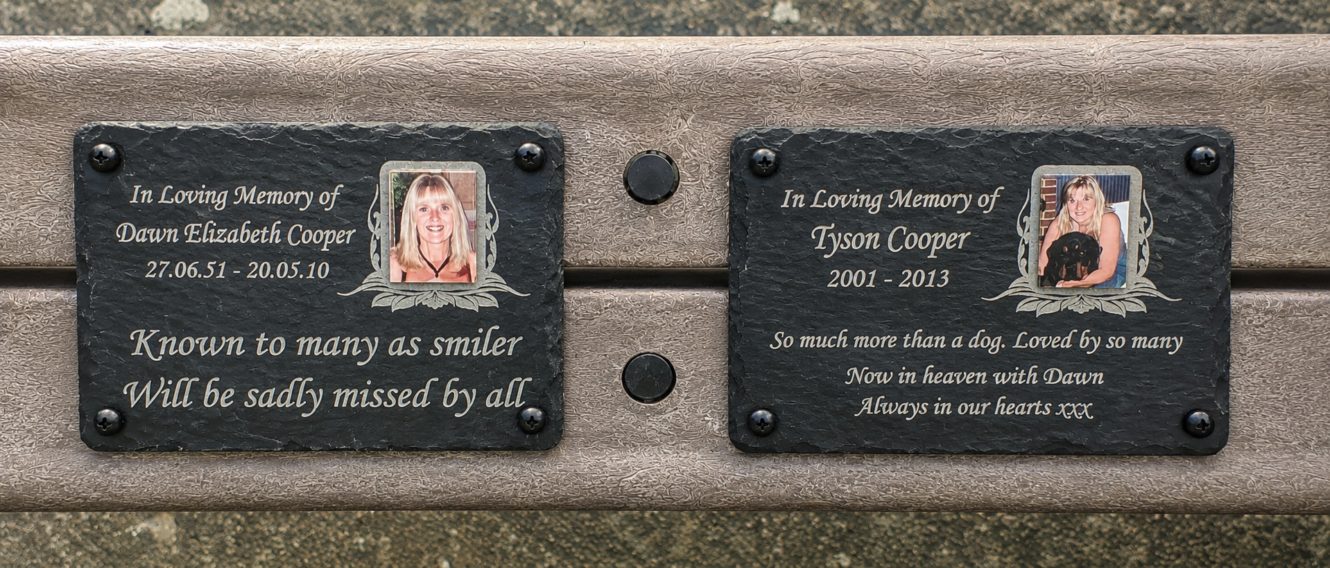 Personalised photo memorial plaque and natural slate grave marker with colour photograph, laser etched name, dates and remembrance message