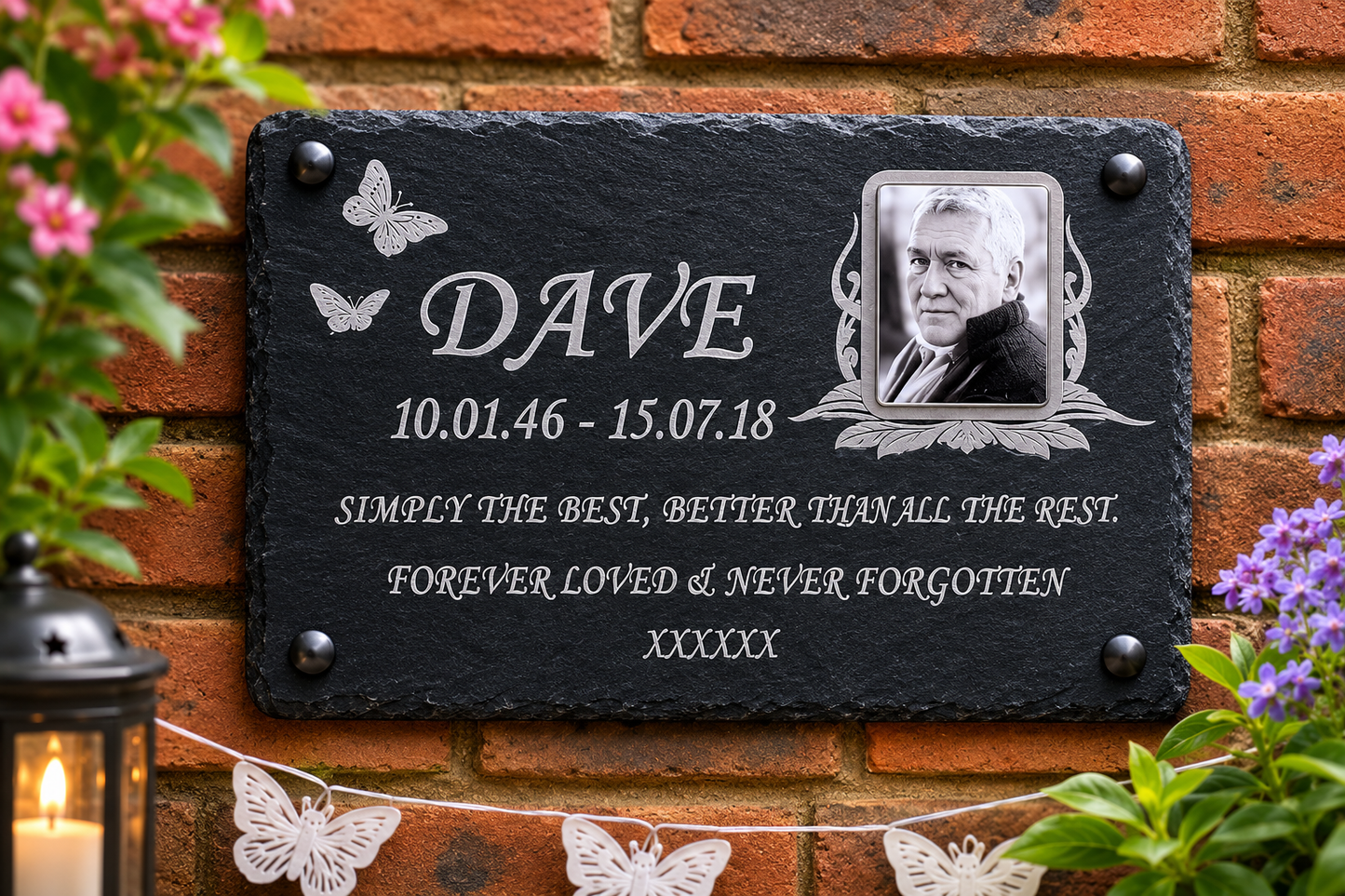 Personalised photo memorial plaque and natural slate grave marker with colour photograph, laser etched name, dates and remembrance message
