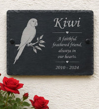 Slate plaque with engraved parrot illustration and text, surrounded by red roses on a light background