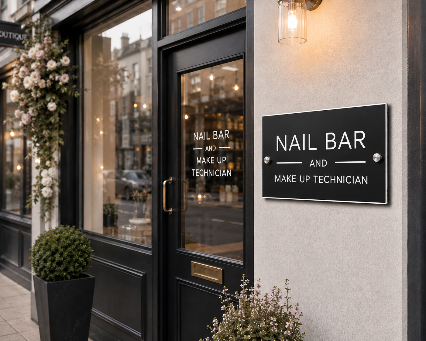 A storefront entrance with a black door and large windows, plus a black sign on the beige wall that reads 'NAIL BAR AND MAKE UP TECHNICIAN.' The scene is styled like a real boutique exterior with flowers, plants, and warm wall lighting.