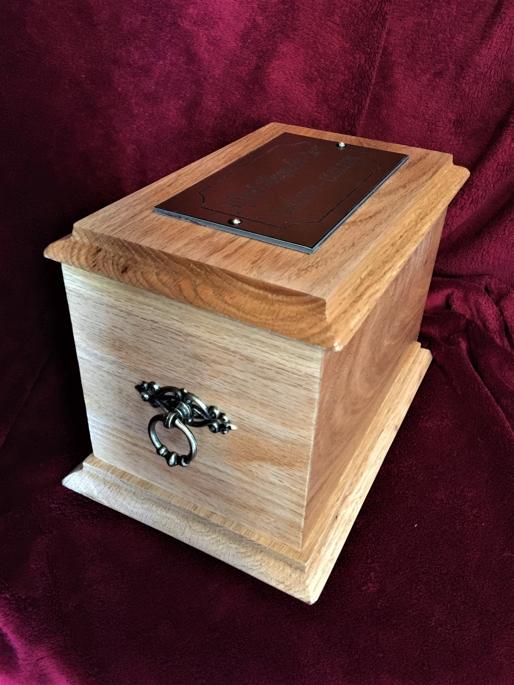 Adult Oak Wood Cremation Ashes Urn Casket With End Rings & Personalised Plaque