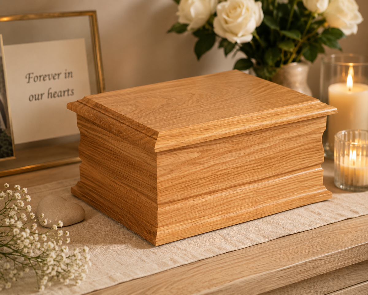 A rectangular wooden cremation urn with a polished oak finish, styled on a beige fabric runner with white roses, a lit candle, and a framed photo in the background.