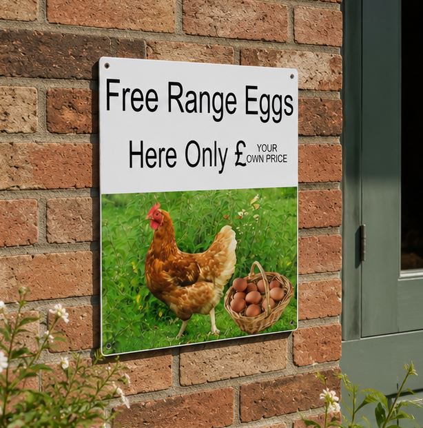 A rectangular metal sign mounted on a red brick wall, featuring the text 'Free Range Eggs Here Only £ YOUR OWN PRICE' above a photo of a brown hen standing in green grass next to a basket of eggs.