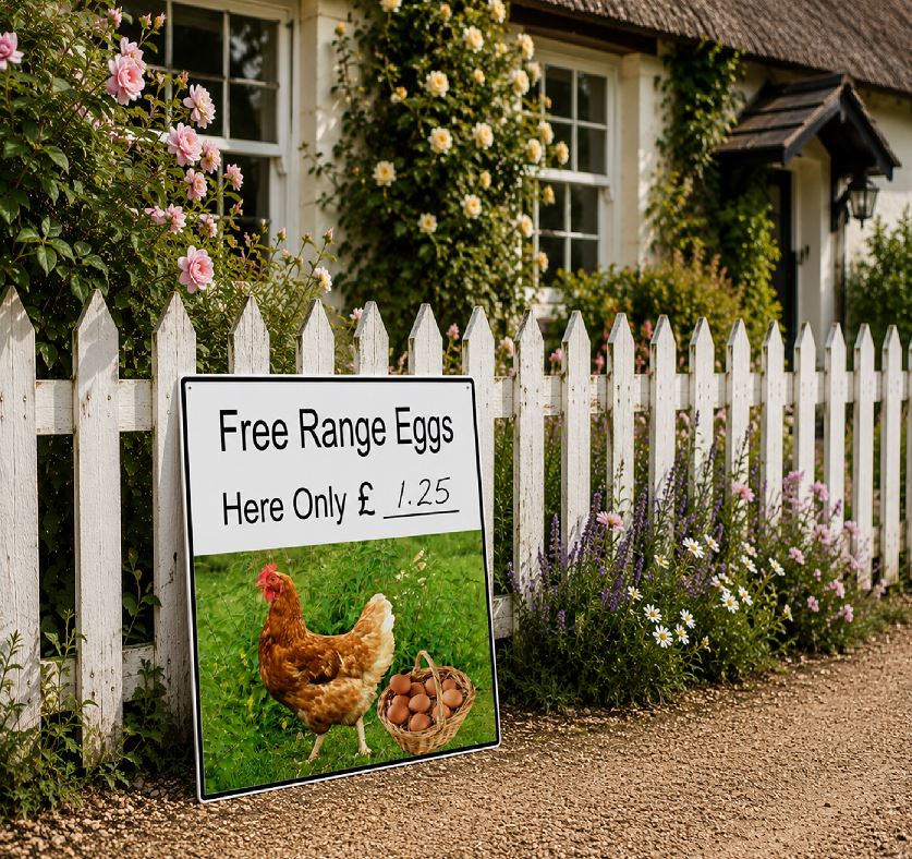 A rectangular sign advertising 'Free Range Eggs' with a price of £1.25, featuring a photo of a brown hen and eggs in a basket on a green lawn.