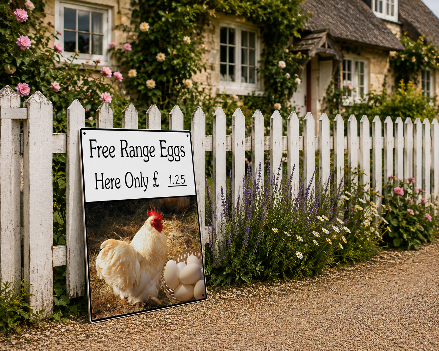 A vertical rectangular sign leaning against a white picket fence in a garden setting. The sign reads 'Free Range Eggs Here Only £1.