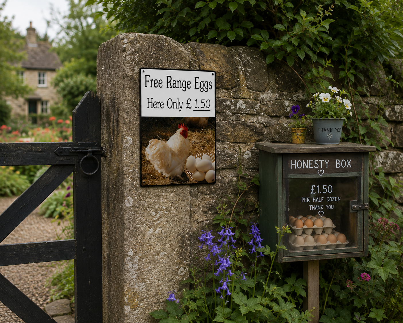 A rustic stone wall garden scene with a small sign reading 'Free Range Eggs Here Only £1.50' next to a wooden honesty box containing eggs.
