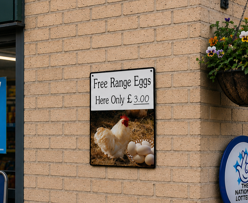 A square retail sign on a beige brick wall advertising 'Free Range Eggs Here Only £3.00' with a photo of a white chicken and eggs.