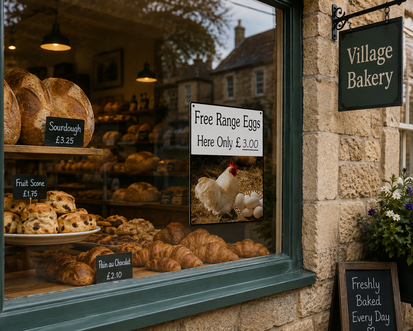 A bakery storefront window displays assorted breads, pastries, and croissants inside, with a stone wall and a hanging sign reading 'Village Bakery.' A window sign advertises free range eggs, and a small chalkboard sign on the wall says 'Freshly Baked Every Day.