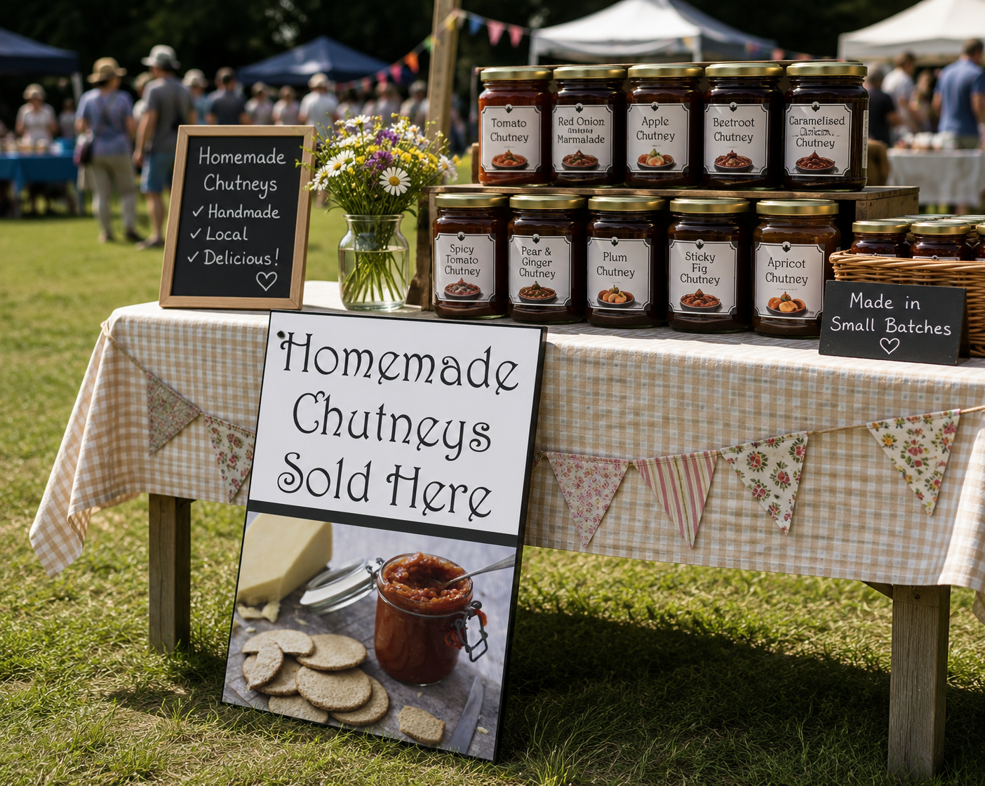 A rustic outdoor market booth displaying multiple jars of homemade chutneys on a checkered tablecloth, with handwritten signs advertising 'Homemade Chutneys Sold Here' and 'Homemade Chutneys' on a chalkboard.