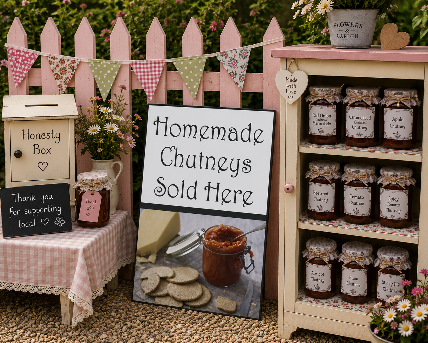 A styled picnic-style or market stall display featuring homemade chutneys in glass jars on a wooden shelf, a sign reading 'Homemade Chutneys Sold Here,' a small honesty box, a chalkboard thanking local support, and a pink picket fence backdrop with decorative bunting.