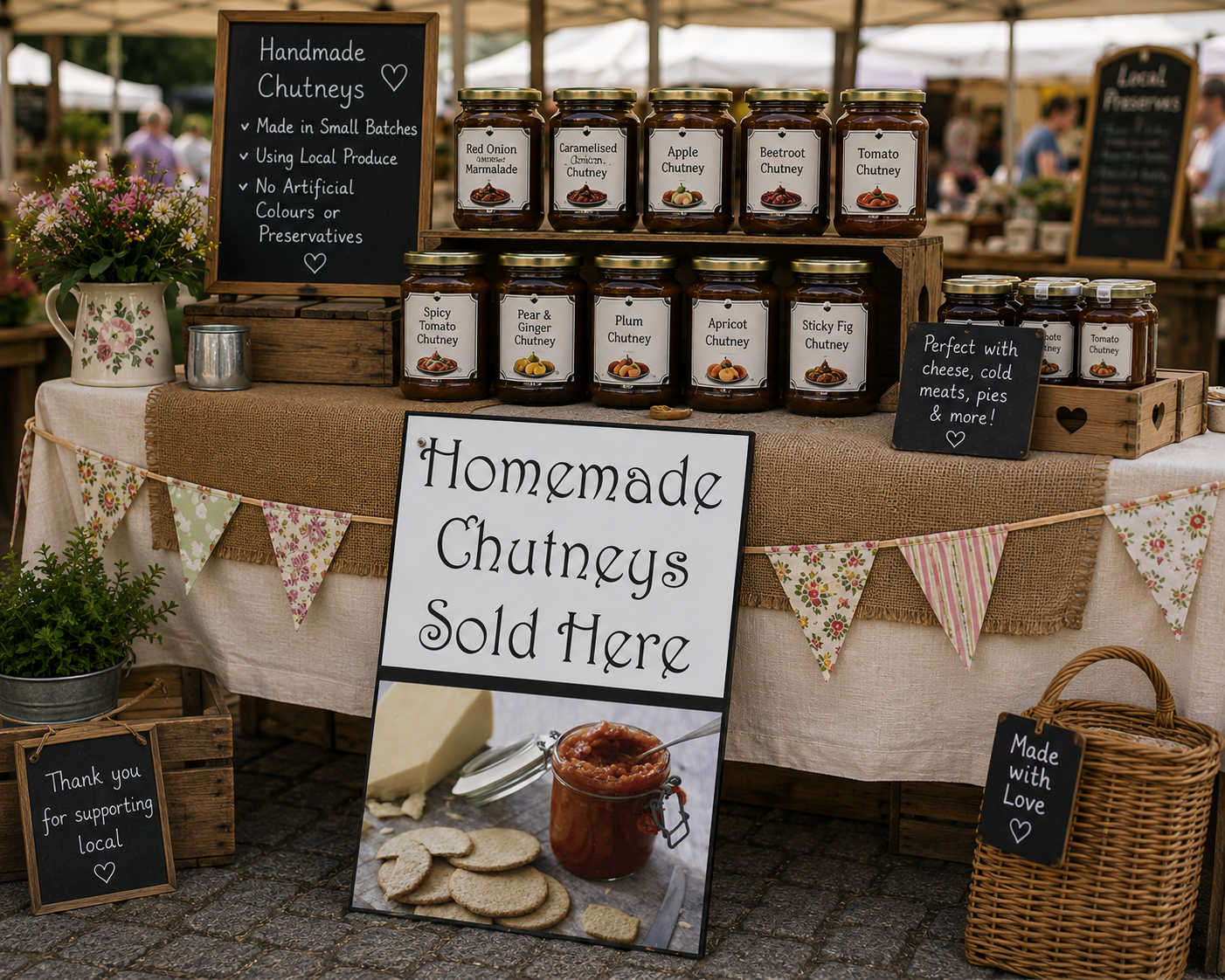 A market stall displaying multiple jars of artisanal handmade chutneys with handwritten signs advertising the products and 'Homemade Chutneys Sold Here'.