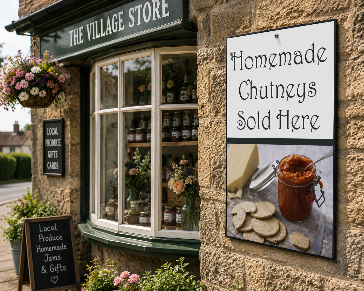 Homemade Chutneys Sold Here Sign with jar of chutney, cheese and biscuits