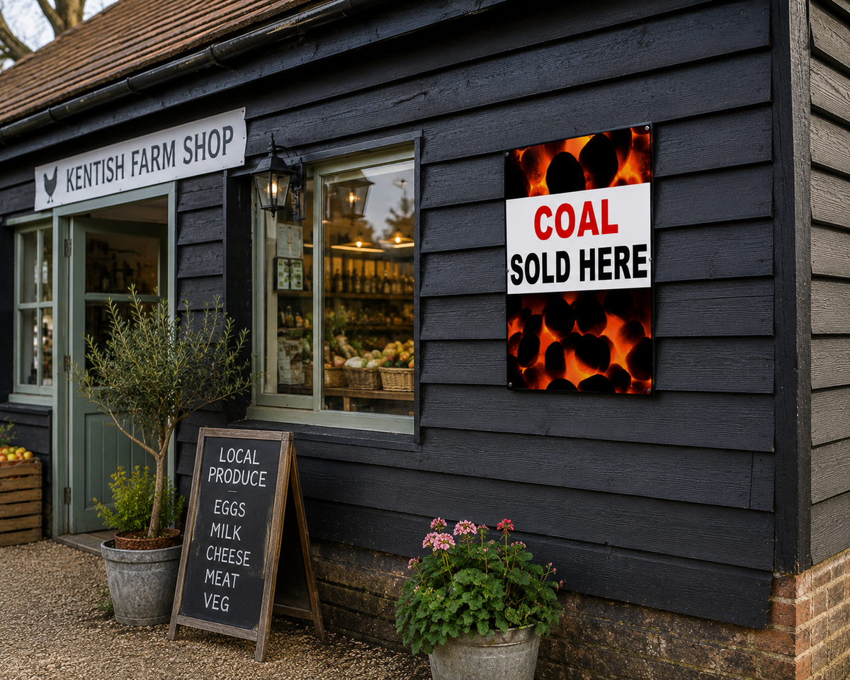 A rustic black wooden barn storefront with a sign reading 'KENTISH FARM SHOP' and another sign advertising 'COAL SOLD HERE' over a fiery background. A chalkboard sign lists local produce, eggs, milk, cheese, meat, and veg, with potted plants in front.