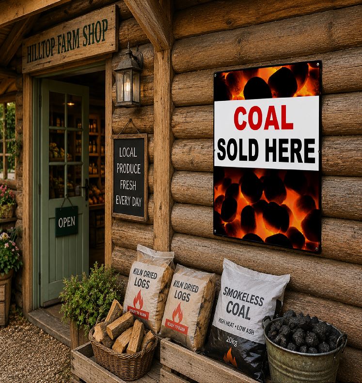 A rustic log cabin storefront with a large wall sign reading 'COAL SOLD HERE' above bags of wood charcoal and a bucket of loose coals. The shop entrance has a green door and signs including 'Hilltop Farm Shop' and 'Local Produce Fresh Every Day.