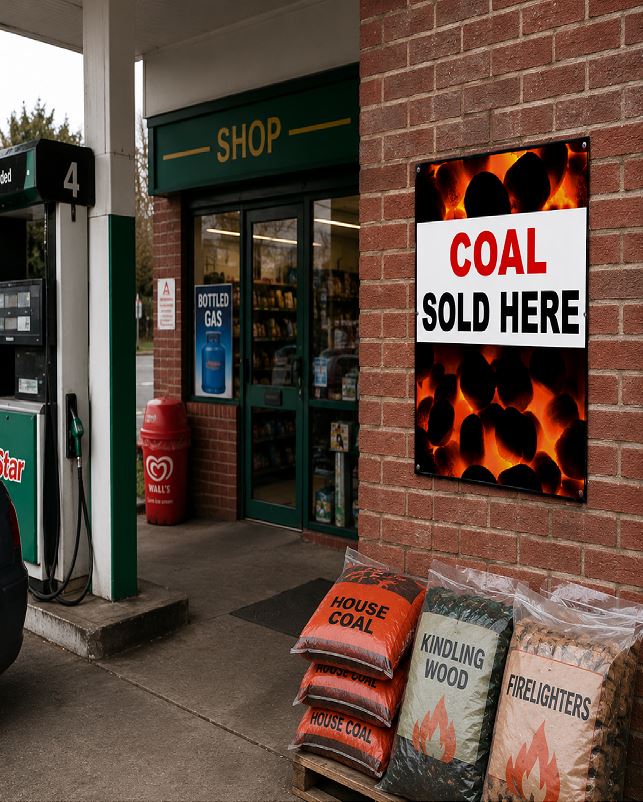 A rectangular wall sign at a brick gas station reading 'COAL SOLD HERE' with a black charcoal pattern background, displayed next to a convenience store entrance and bags of firewood on the ground.
