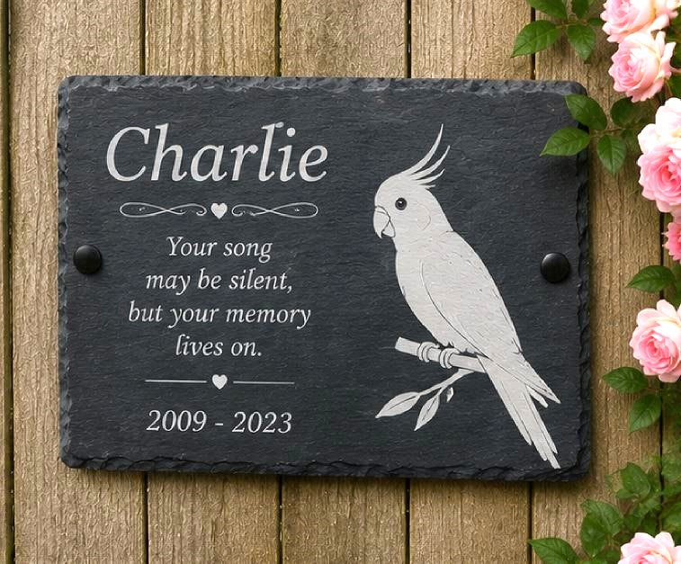 Personalized black slate memorial plaque engraved with the name 'Charlie', a white cockatoo illustration, and remembrance text, displayed on a wooden surface with pink roses at the side.