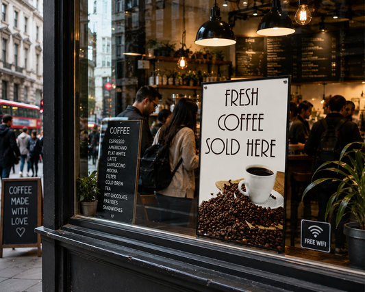 Fresh Coffee Sold Here sign with coffee cup and coffee beans for café and roadside sales