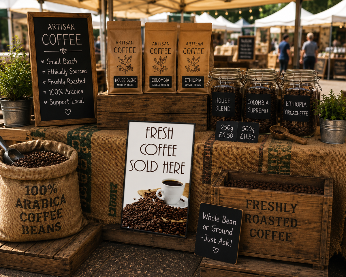 Fresh Coffee Sold Here sign with coffee cup and coffee beans for café and roadside sales