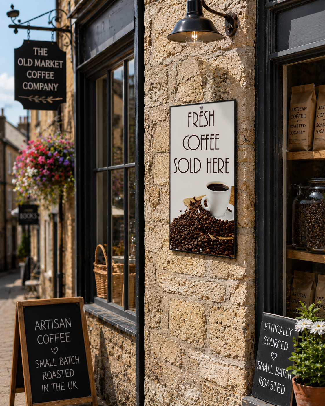 Fresh Coffee Sold Here sign with coffee cup and coffee beans for café and roadside sales