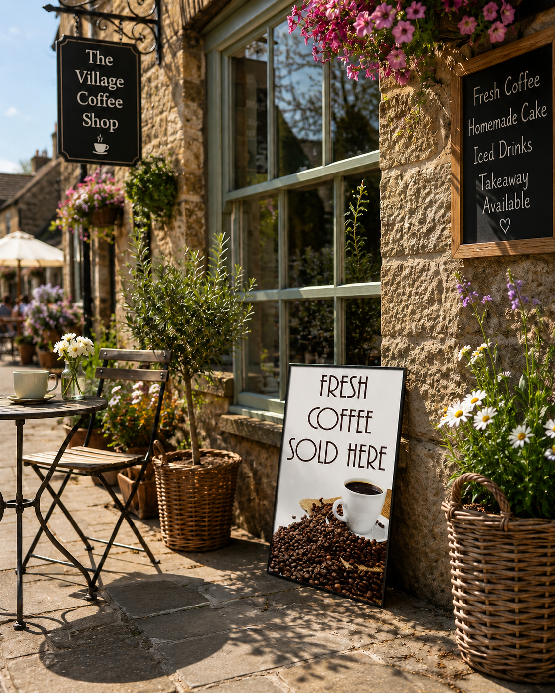 Fresh Coffee Sold Here sign with coffee cup and coffee beans for café and roadside sales