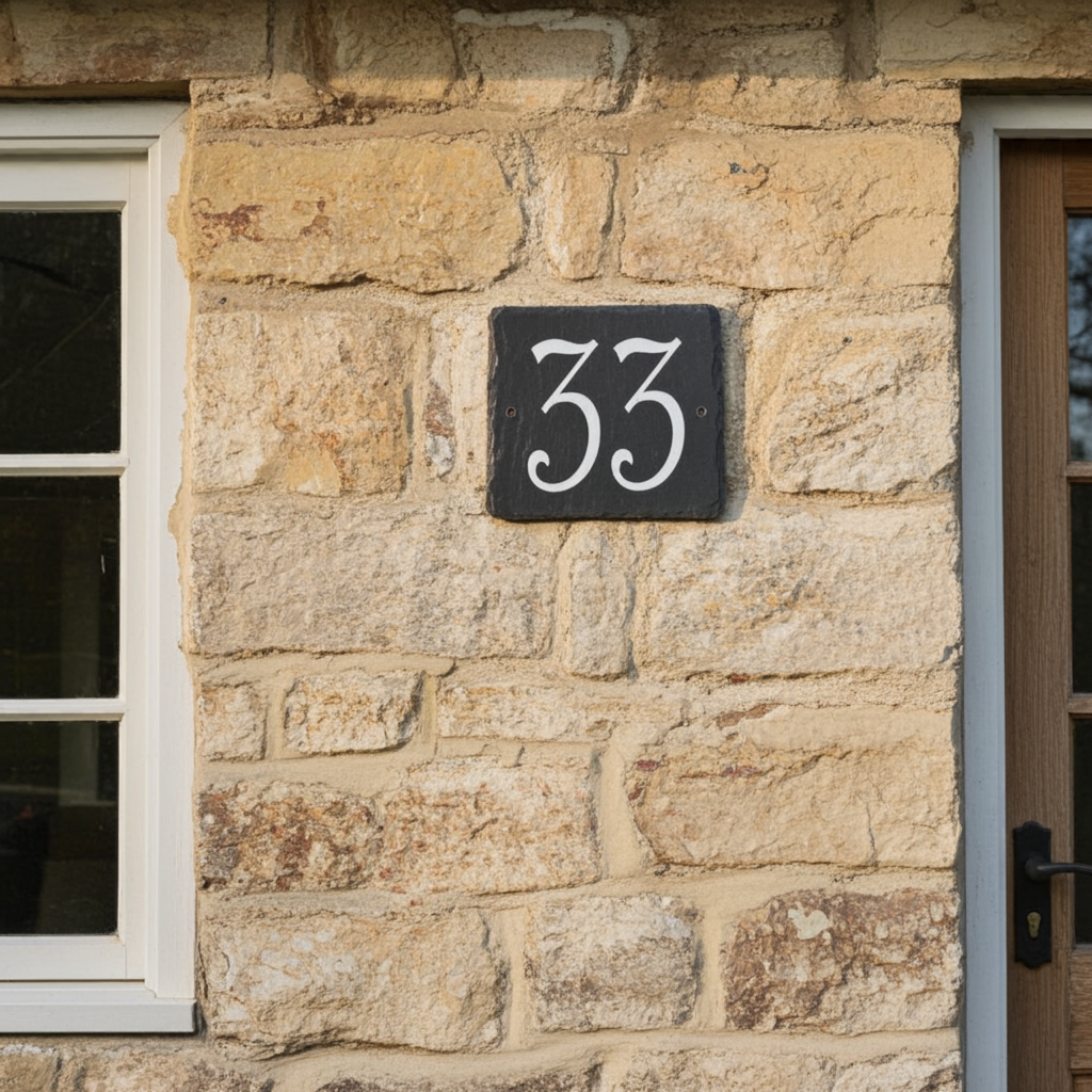 A black square house number plaque with white numerals reading '33' mounted on a beige stone wall next to a window and door.