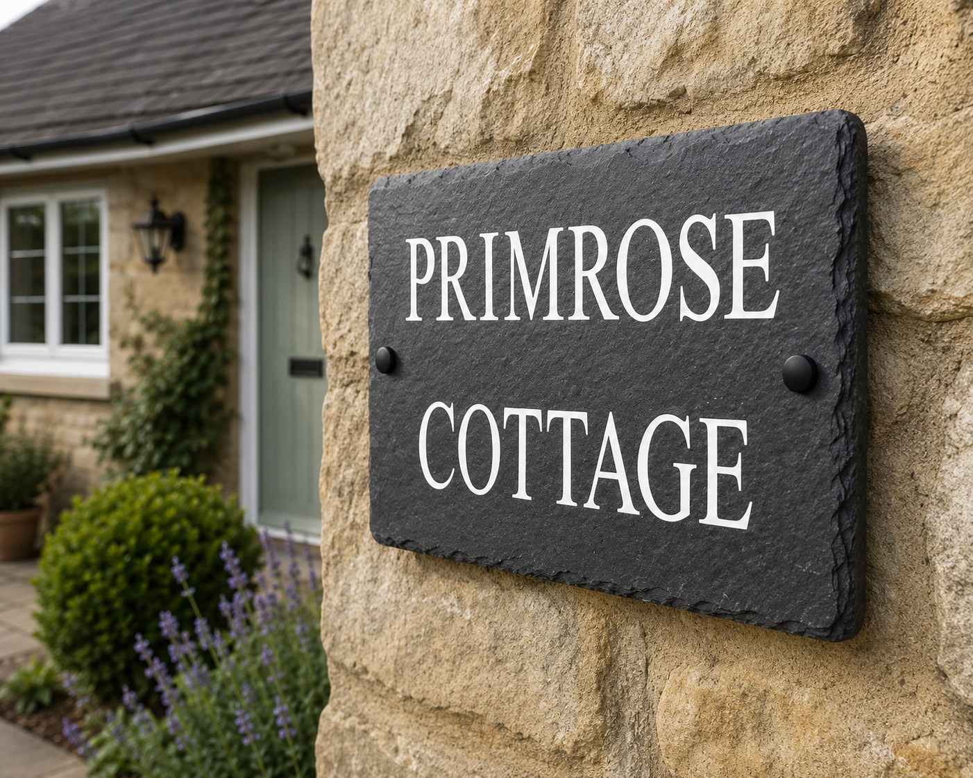 A rectangular black slate house sign with white serif text reading 'PRIMROSE COTTAGE' mounted on a beige stone wall in front of a cottage.