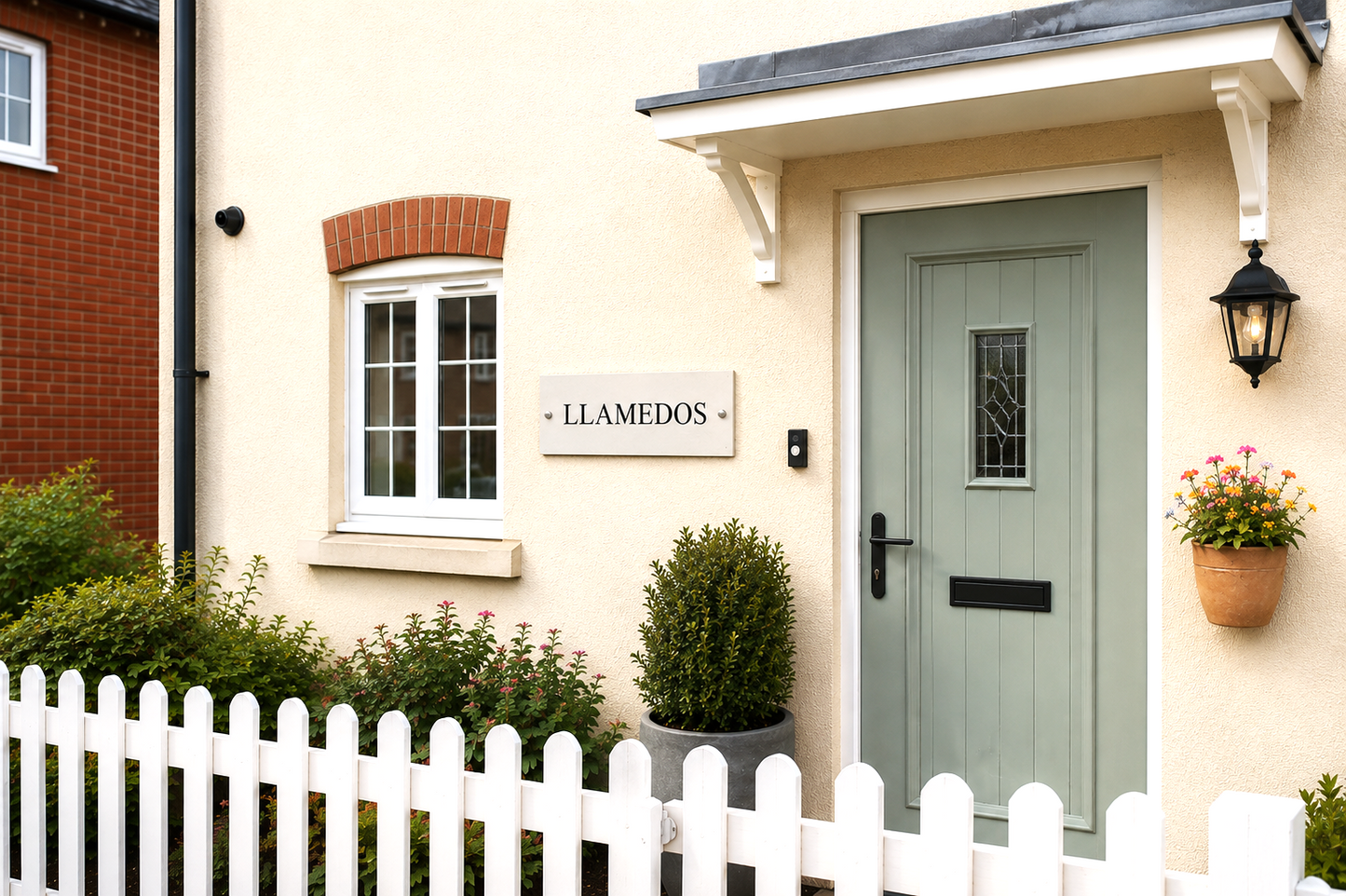 Personalised white aluminium house sign with black lettering, contemporary matt metal house plaque with hidden floating or visible stand-off fixing options for modern homes.