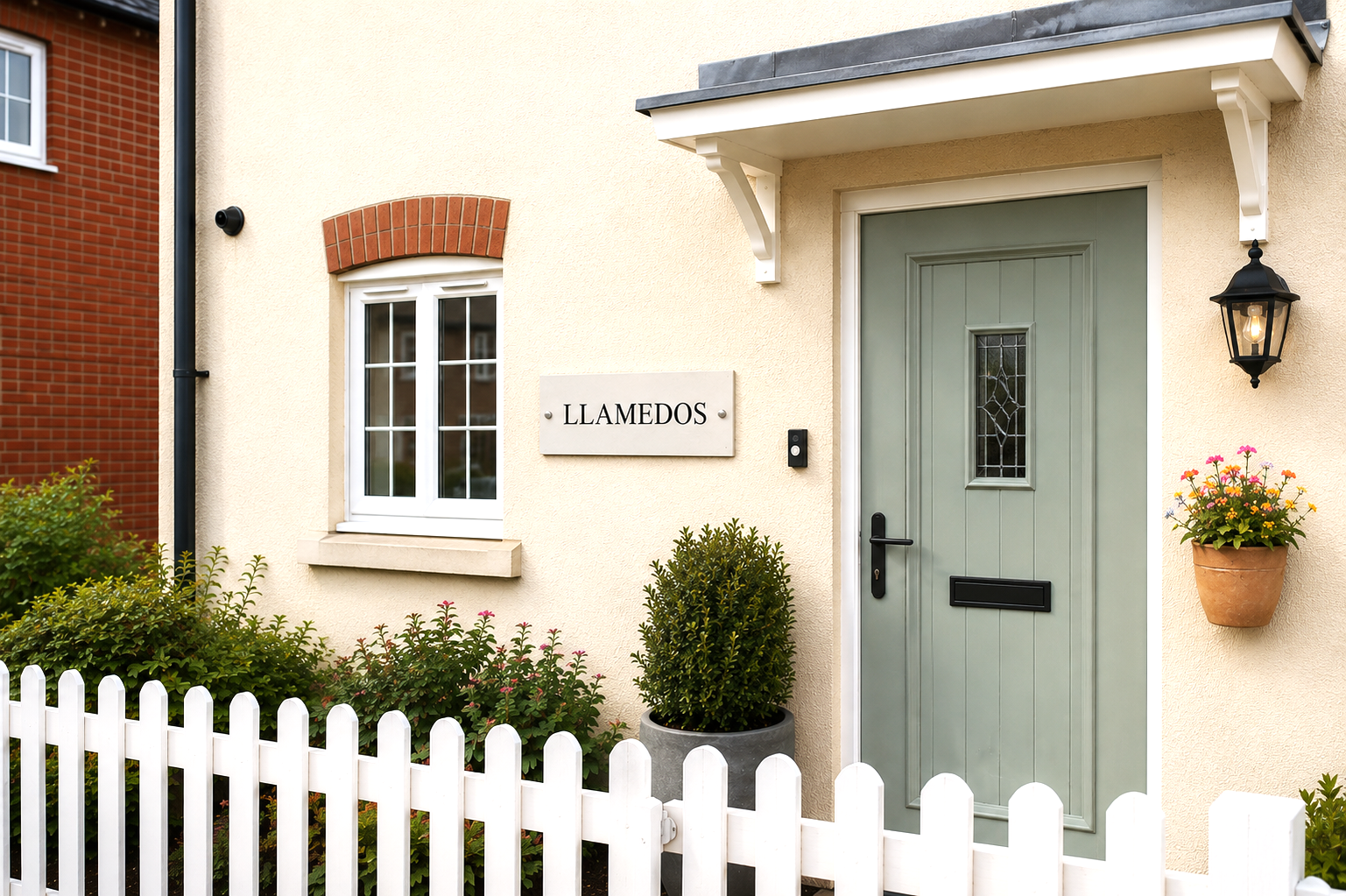 Personalised white aluminium house sign with black lettering, contemporary matt metal house plaque with hidden floating or visible stand-off fixing options for modern homes.