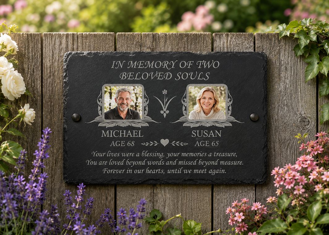 A personalized black slate memorial plaque mounted on a weathered wooden fence, surrounded by blooming flowers. The plaque features engraved text reading 'IN MEMORY OF TWO BELOVED SOULS' with photo frames containing portraits of a man named Michael and a woman named Susan, along with their ages and a remembrance quote.