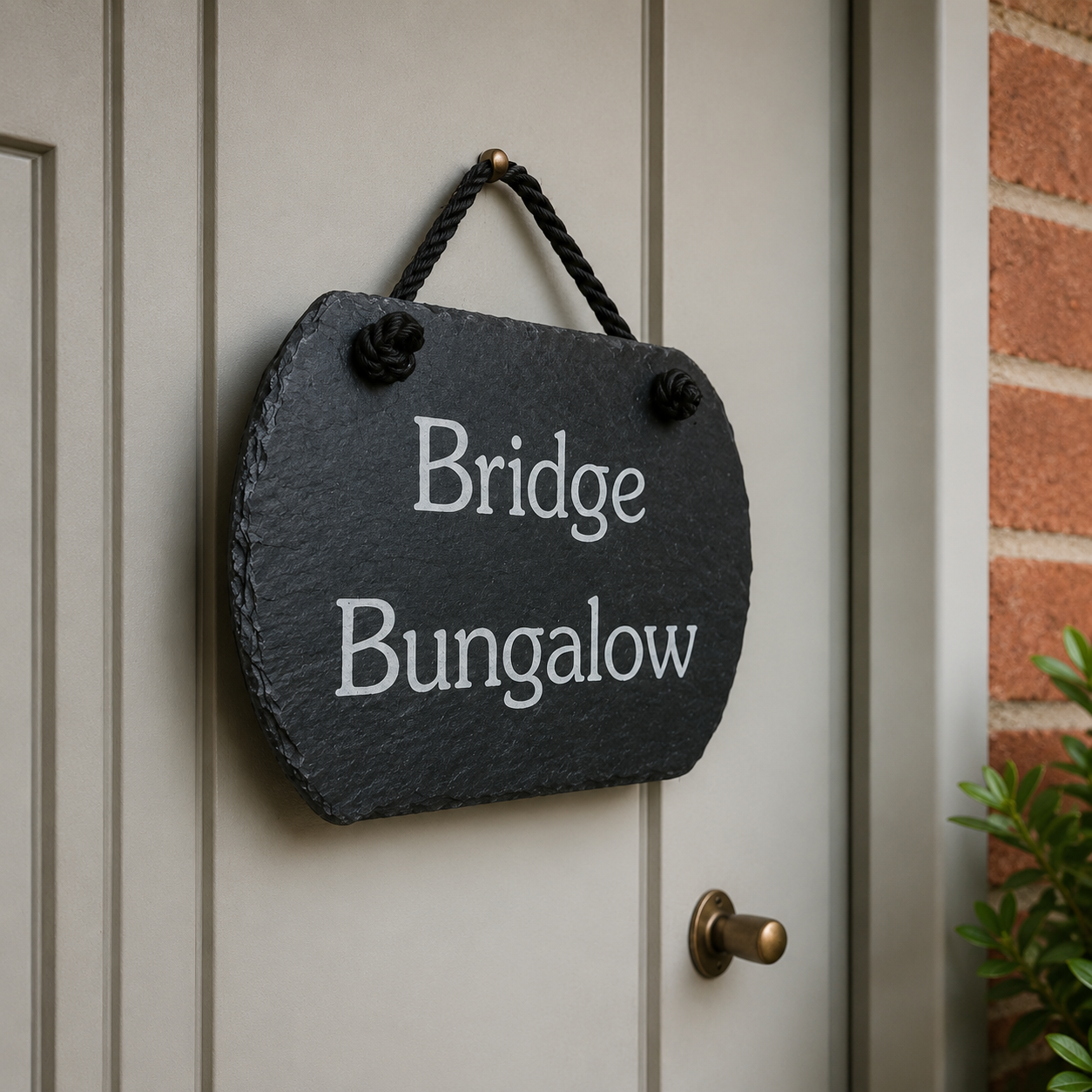 A dark slate house sign with the words 'Bridge Bungalow' in white lettering, hanging from a black rope on a light gray paneled door.
