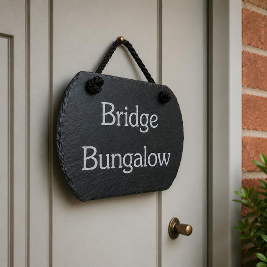 A dark slate house sign with the words 'Bridge Bungalow' in white lettering, hanging from a black rope on a light gray paneled door.