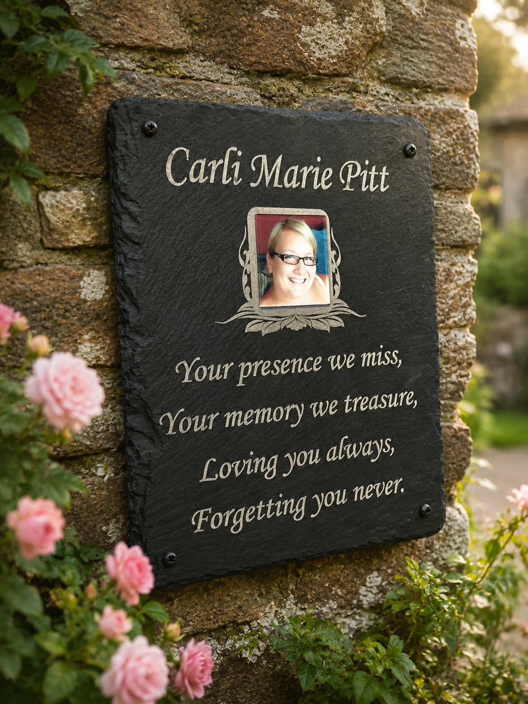 Portrait personalised photo memorial plaque with colour photograph, laser etched name, dates, long memorial poem and remembrance verse on natural slate