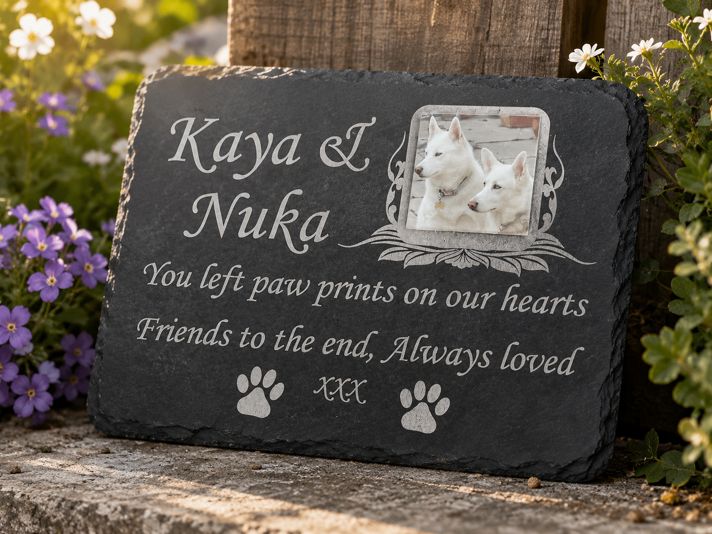 Personalised pet photo memorial plaque with colour pet photograph, laser etched name, dates and remembrance wording on natural slate