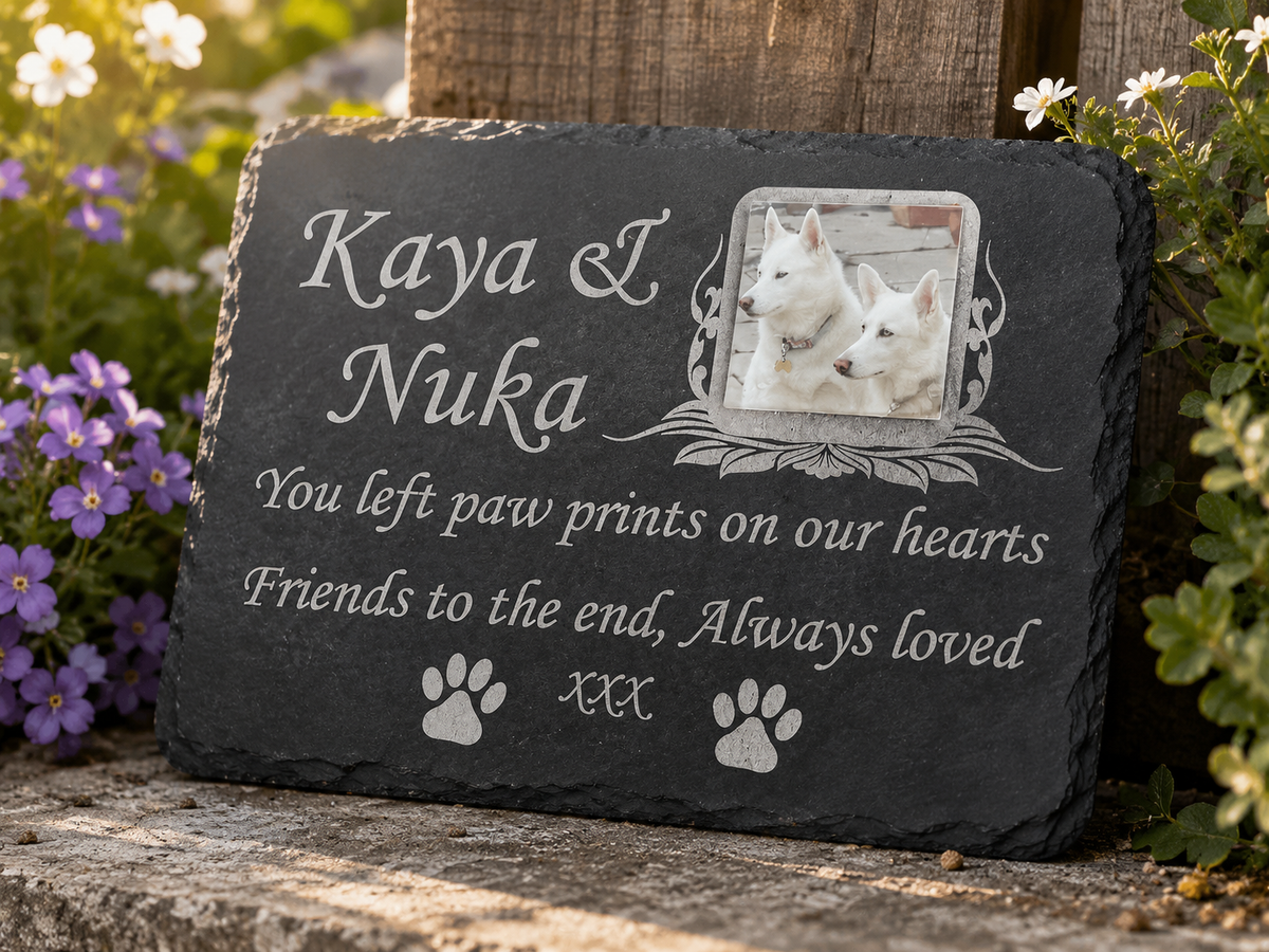 Personalised pet photo memorial plaque with colour pet photograph, laser etched name, dates and remembrance wording on natural slate