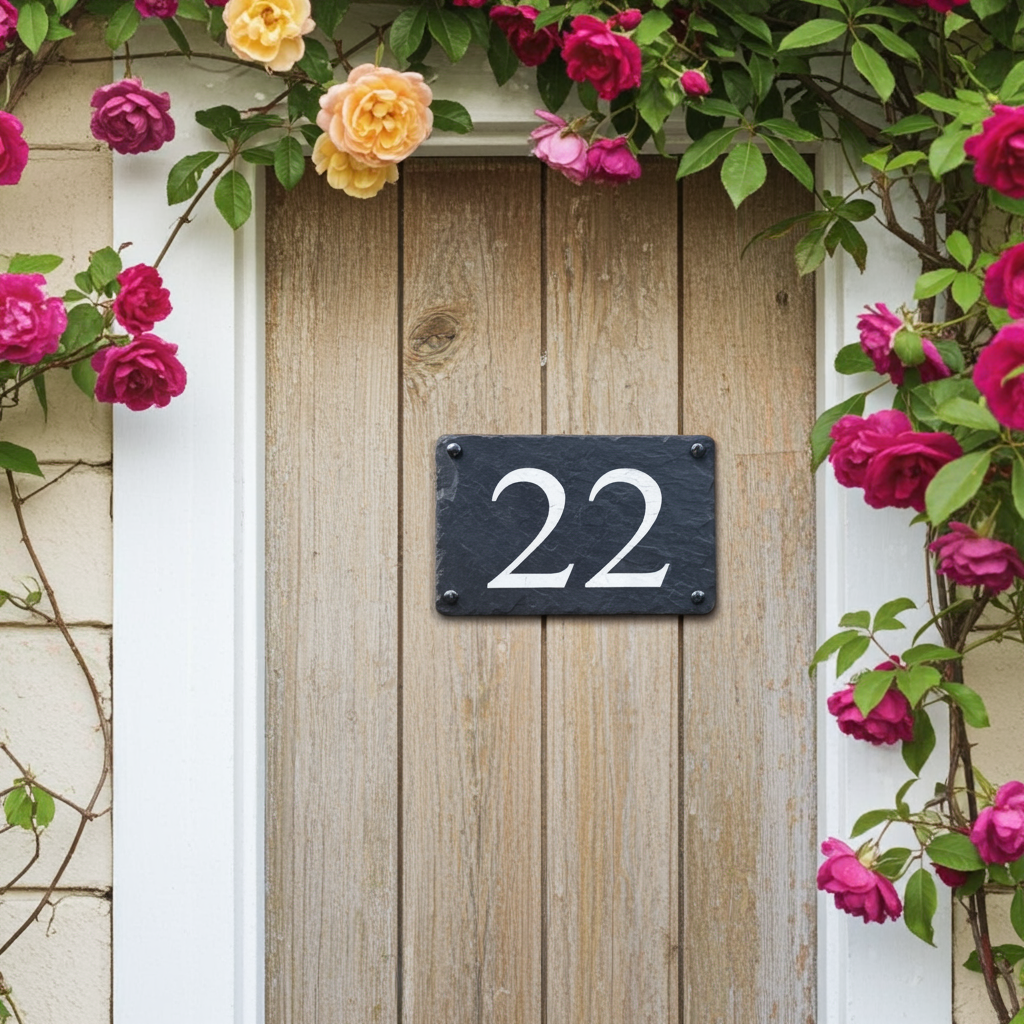 A rectangular black slate house number plaque with white numerals '22' mounted on a light brown wooden door, framed by white walls and surrounded by climbing roses in pink, peach, and yellow.