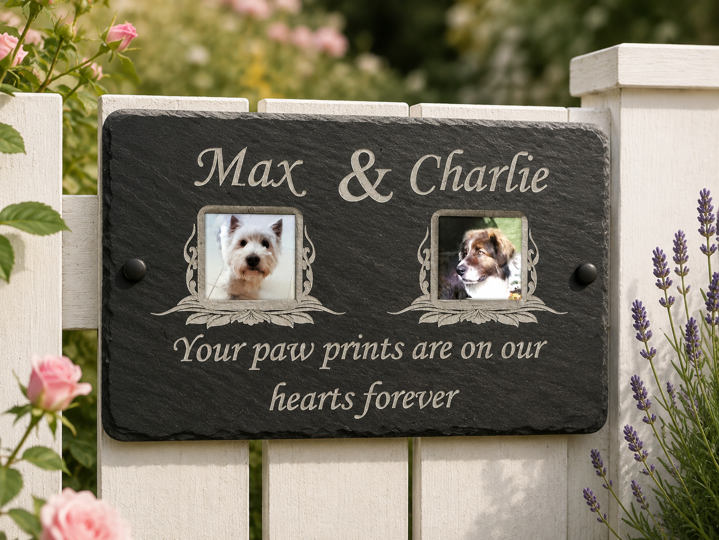 Personalised two photo pet memorial plaque with two colour photo panels, laser etched names, dates and wording on natural slate