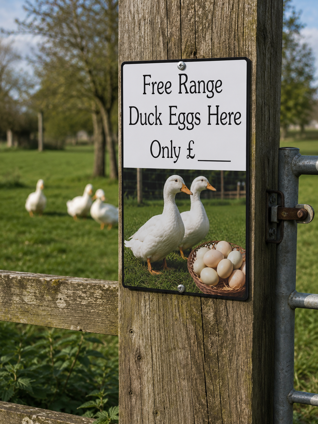 A rectangular metal sign on a wooden post at a gate, advertising 'Free Range Duck Eggs Here Only £___' with a photo of two white ducks and a basket of eggs, with a real outdoor farm scene in the background.