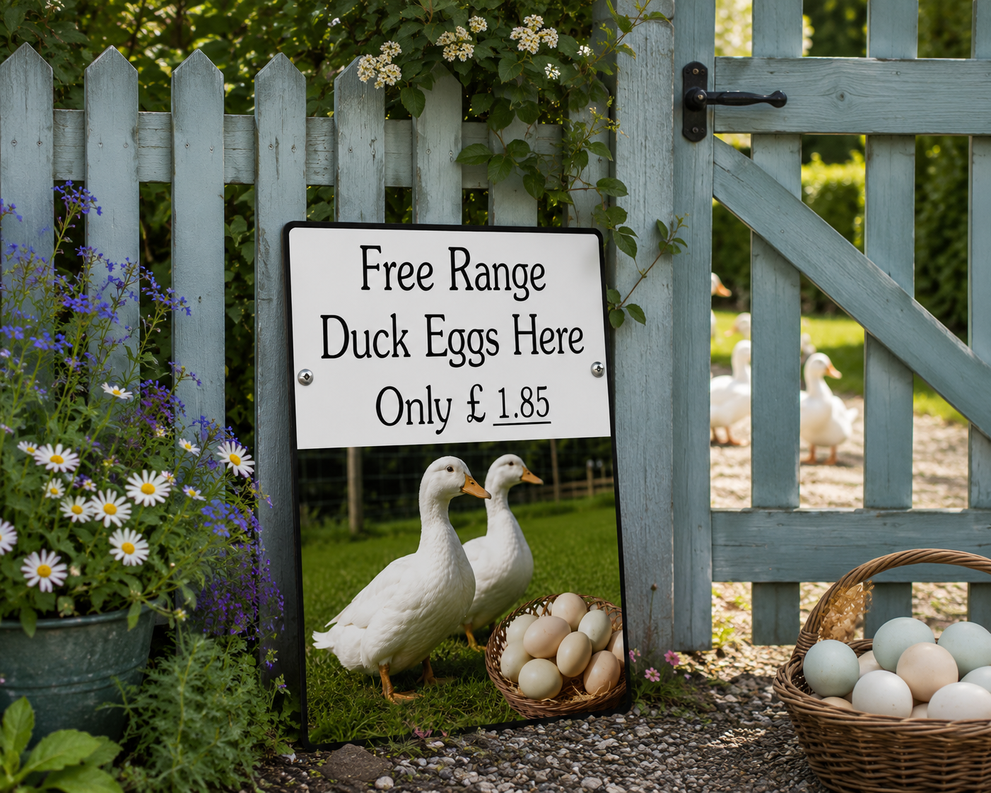 A rustic sign advertising 'Free Range Duck Eggs Here Only £1.85' is propped against a weathered blue-green picket fence next to baskets of duck eggs, with live white ducks visible in the background.