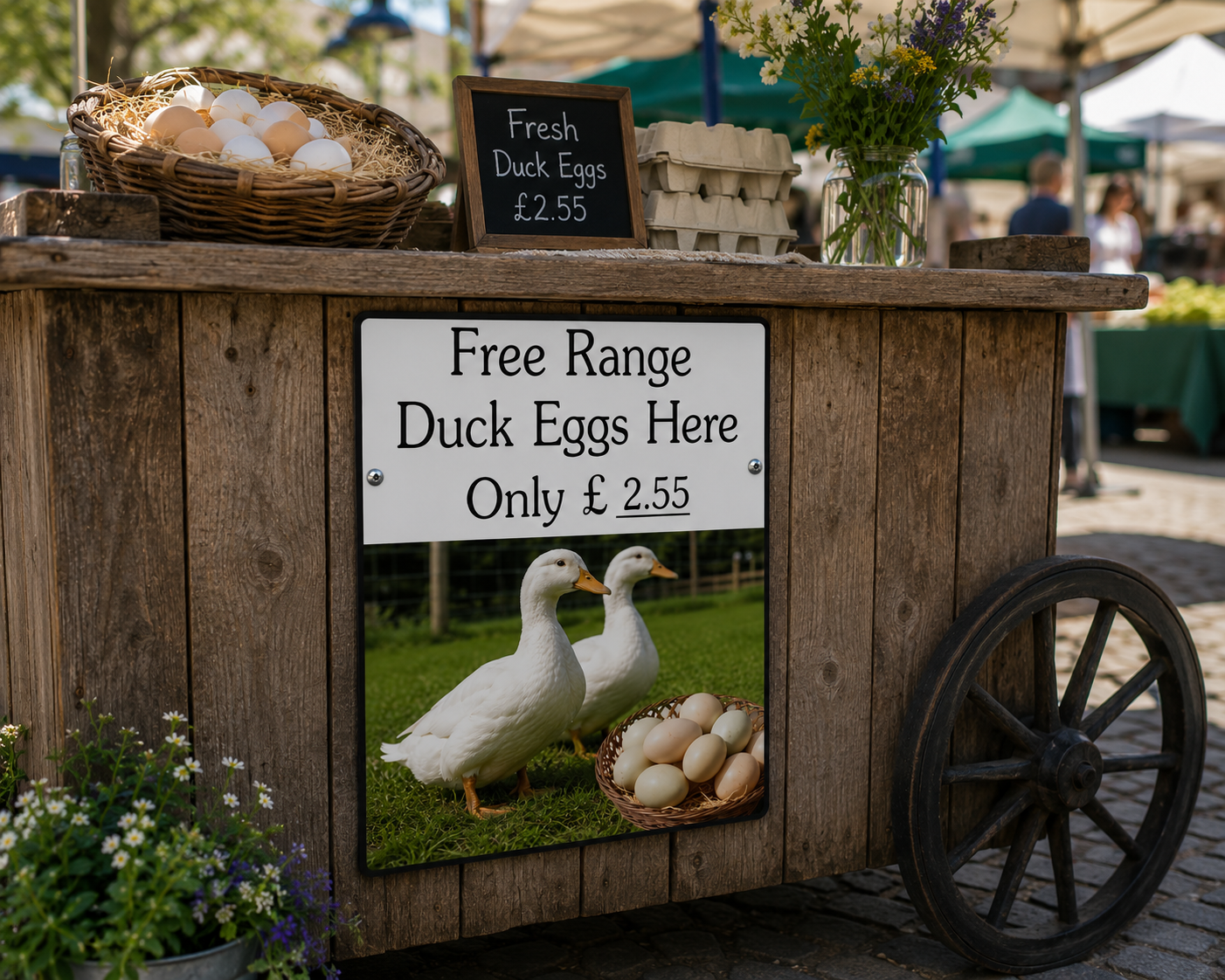 A rustic wooden cart at an outdoor market displays a sign reading 'Free Range Duck Eggs Here Only £2.55' alongside a basket of duck eggs and a small chalkboard sign.