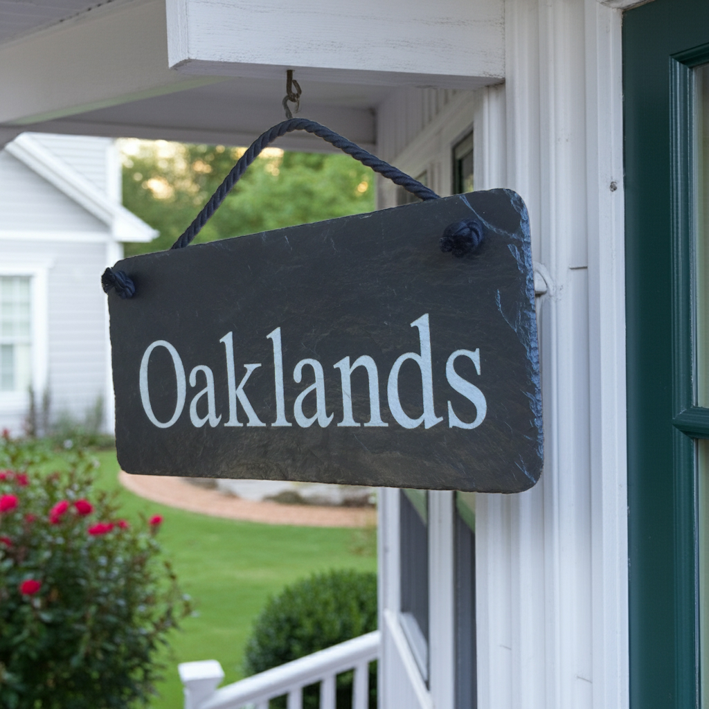 A rectangular dark slate hanging sign with the word 'Oaklands' in white serif lettering, suspended by a dark rope from a porch beam. The sign is shown outdoors on a white house porch with greenery and flowers in the background.
