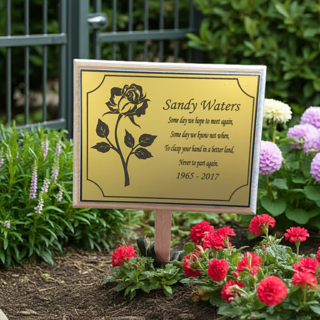 Memorial sign with a rose design and text in a garden setting